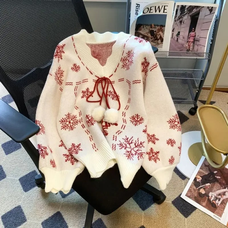 Pull de Noël pour femme à motifs de flocons de neige – Pull en maille blanc vintage avec imprimé de flocons de neige rouges