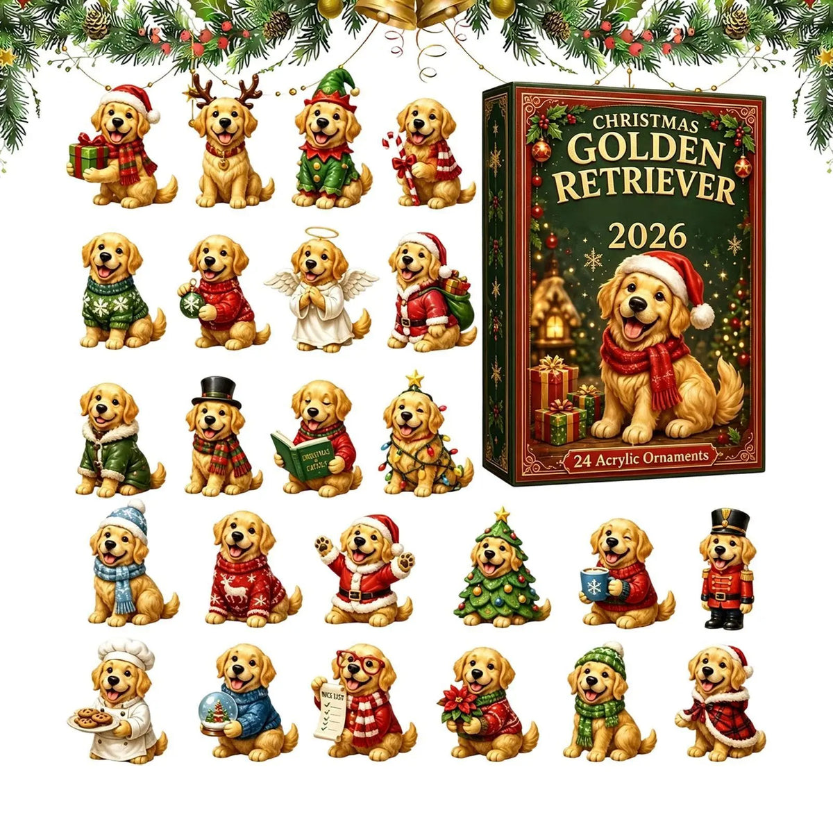 Calendar de Advent pentru Crăciun 2026 – Pandantiv drăguț cu un Golden Retriever american – Calendar cu numărătoare inversă de 24 de zile – Pandantiv cu un câine în formă de brad de Crăciun 2D