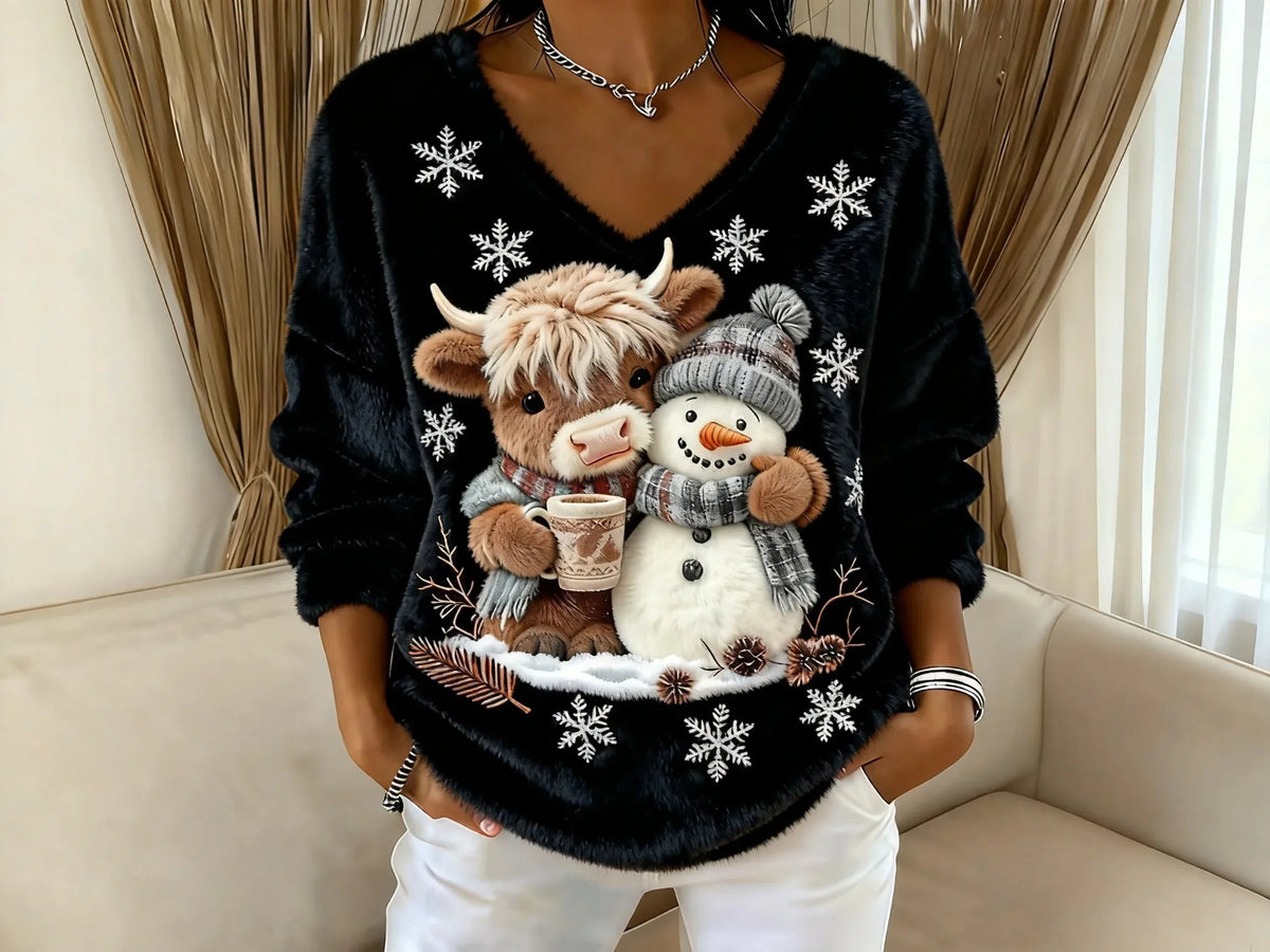 Festlig julebluse til kvinder med motiv af rensdyr og snemand | Varm striktrøje til vinterens festlige begivenheder