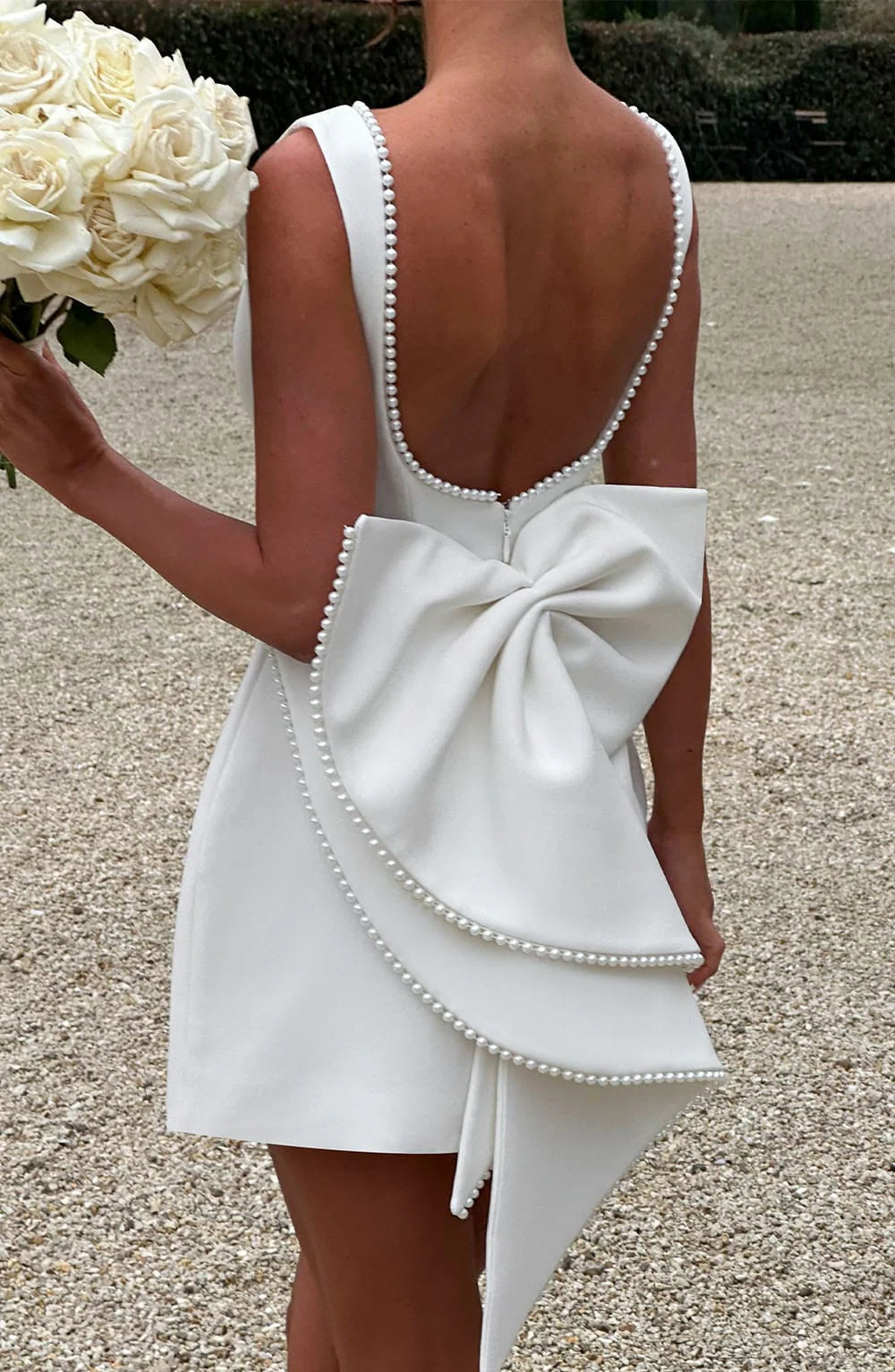 Women’s Pearl-Trim Bow Cocktail Mini Dress