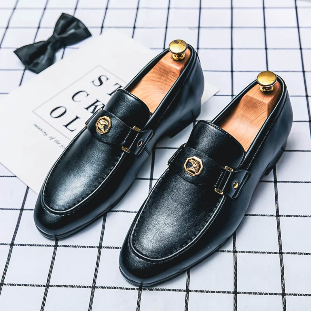 Mocasines de hombre con detalles dorados | Zapatos de vestir de estilo «smart casual» sin cordones, con forro suave y suela resistente, ideales para ocasiones formales