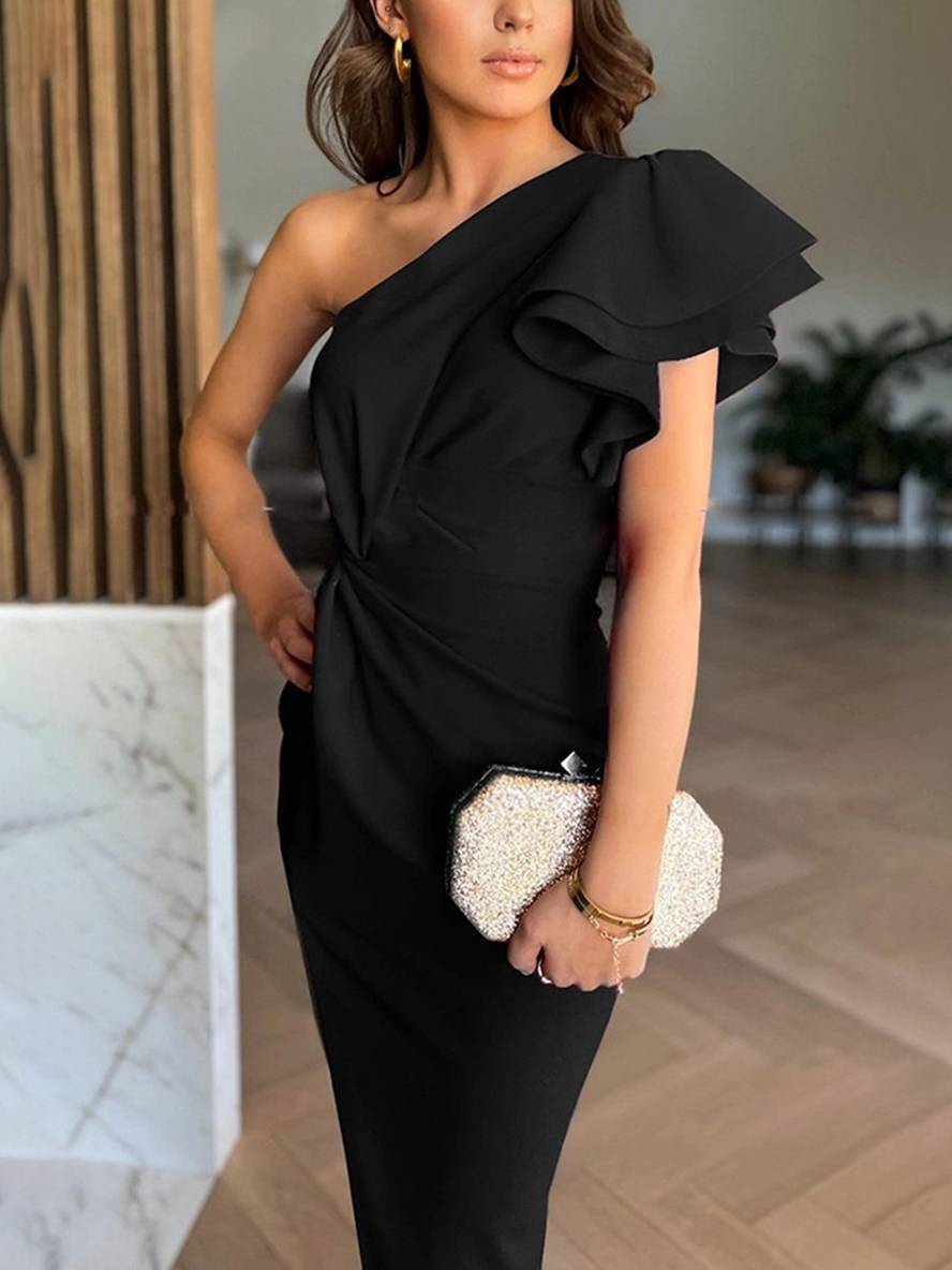 Lalaine Women's Evening Dress - Ærmeløs one-shoulder kjole med slids, flæser og elegante udskæringer