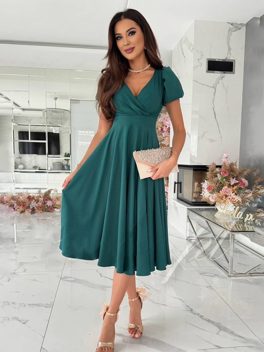 Women's Dress - Elegant Bridesmaid Dress with Cheeky Neck, Short Buff Sleeves and Flowy Cut