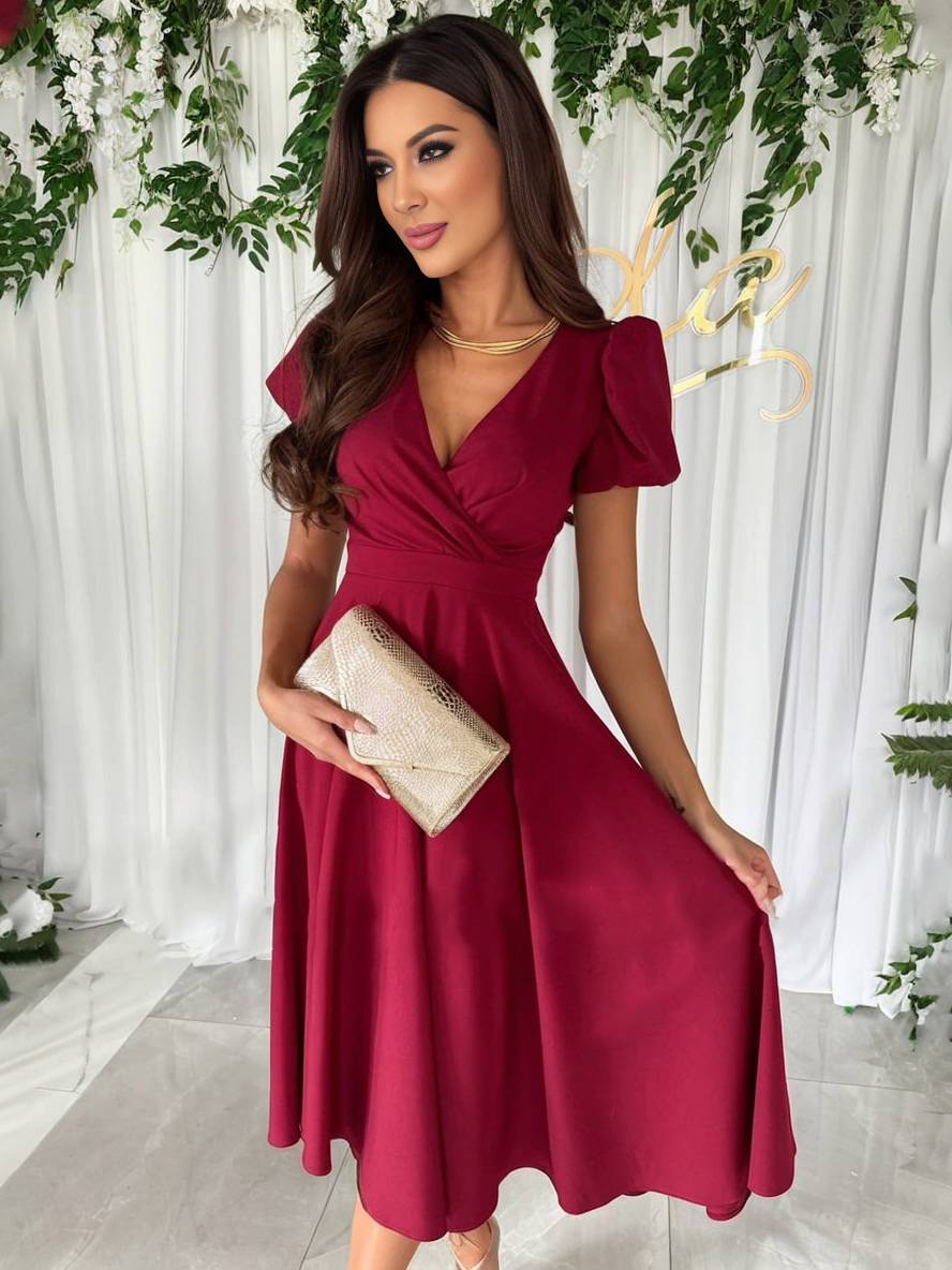 Women's Dress - Elegant Bridesmaid Dress with Cheeky Neck, Short Buff Sleeves and Flowy Cut