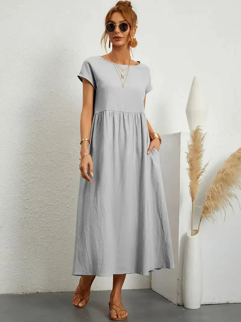 Women's Long Dress - Lightweight Summer Cotton Blend Dress with Elegant Cut and Timeless Style