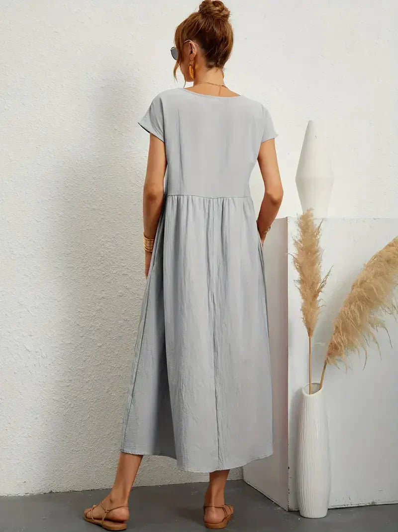 Women's Long Dress - Lightweight Summer Cotton Blend Dress with Elegant Cut and Timeless Style
