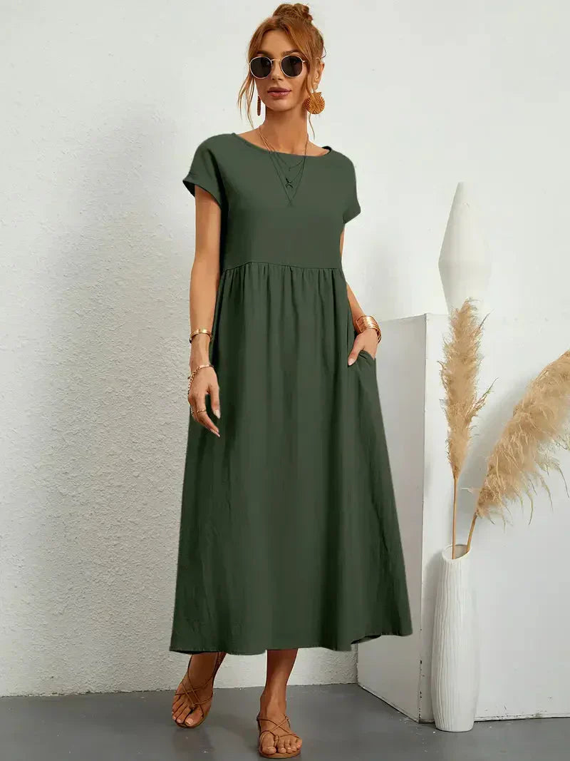 Women's Long Dress - Lightweight Summer Cotton Blend Dress with Elegant Cut and Timeless Style