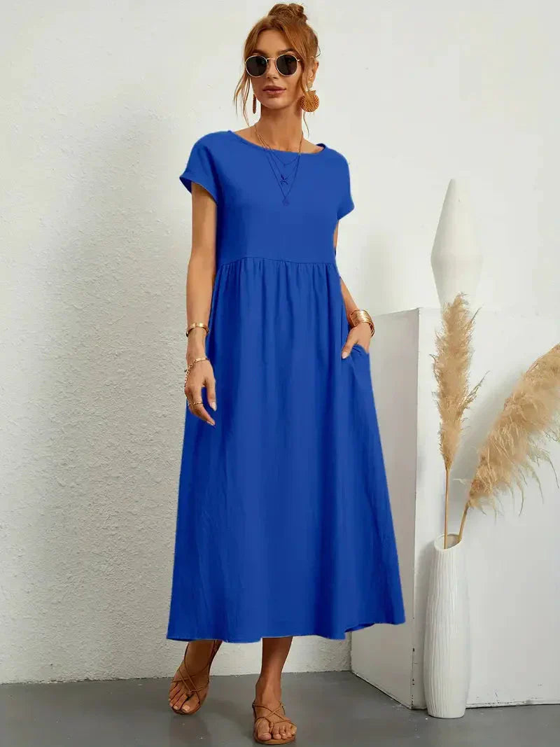 Women's Long Dress - Lightweight Summer Cotton Blend Dress with Elegant Cut and Timeless Style