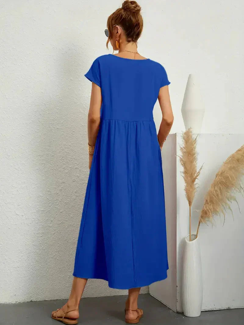 Women's Long Dress - Lightweight Summer Cotton Blend Dress with Elegant Cut and Timeless Style