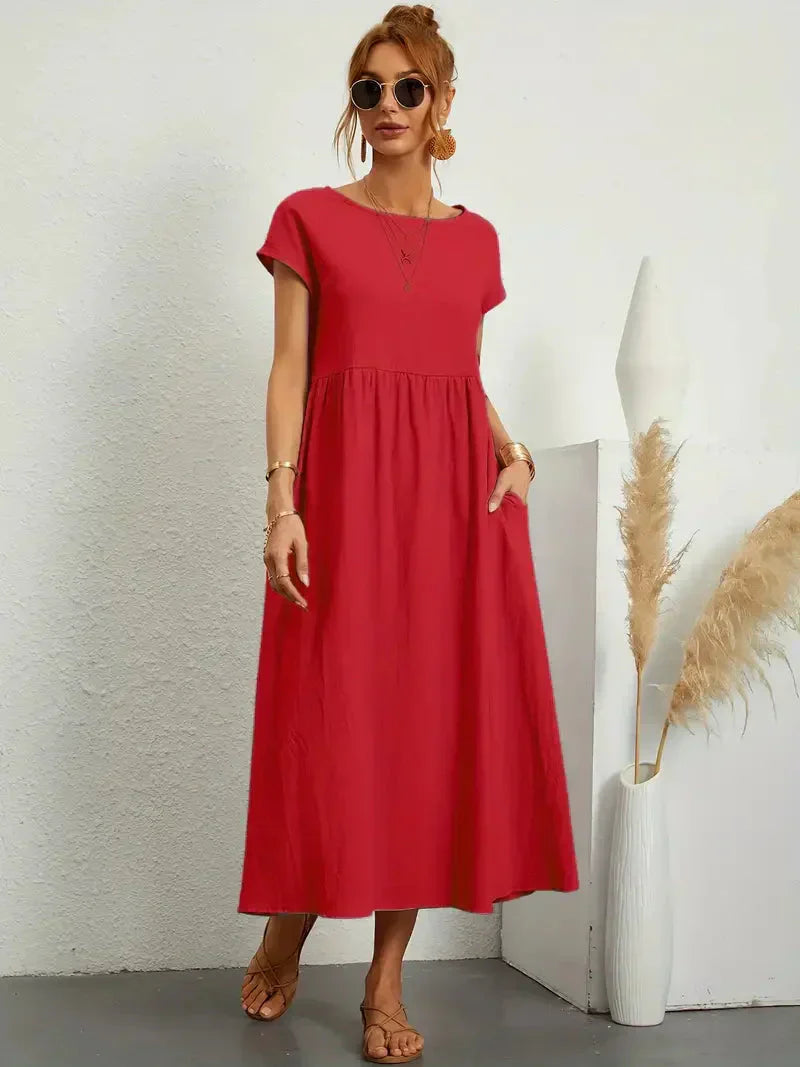 Women's Long Dress - Lightweight Summer Cotton Blend Dress with Elegant Cut and Timeless Style