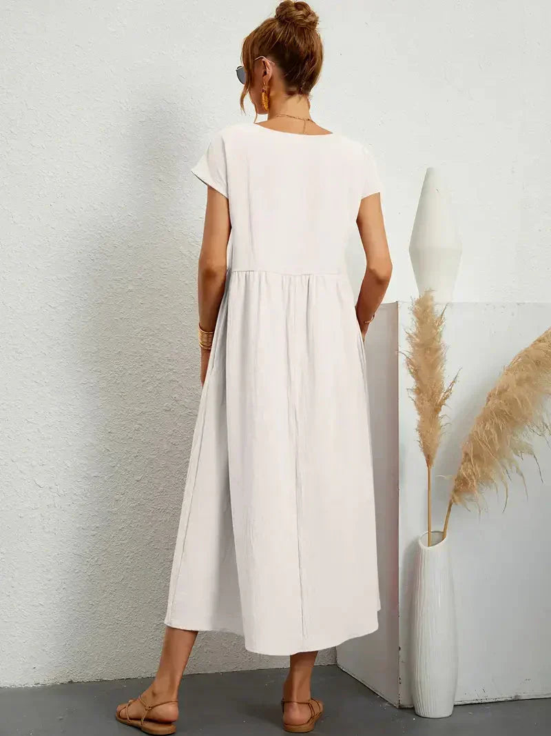Women's Long Dress - Lightweight Summer Cotton Blend Dress with Elegant Cut and Timeless Style