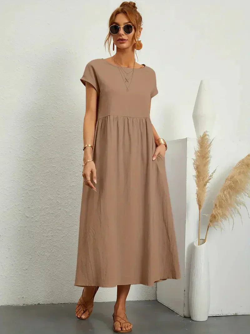 Women's Long Dress - Lightweight Summer Cotton Blend Dress with Elegant Cut and Timeless Style