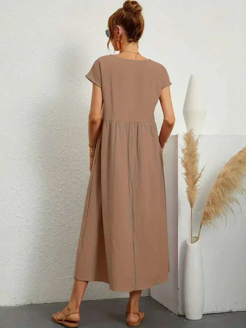 Women's Long Dress - Lightweight Summer Cotton Blend Dress with Elegant Cut and Timeless Style