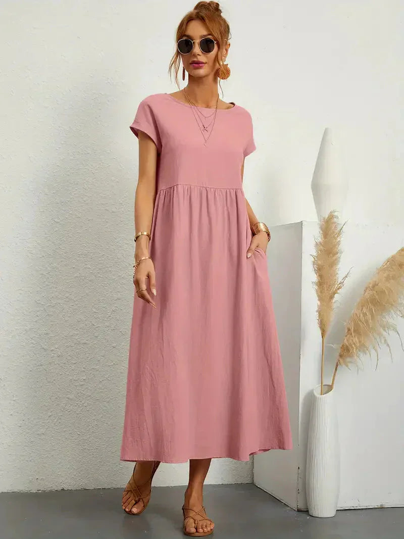 Women's Long Dress - Lightweight Summer Cotton Blend Dress with Elegant Cut and Timeless Style