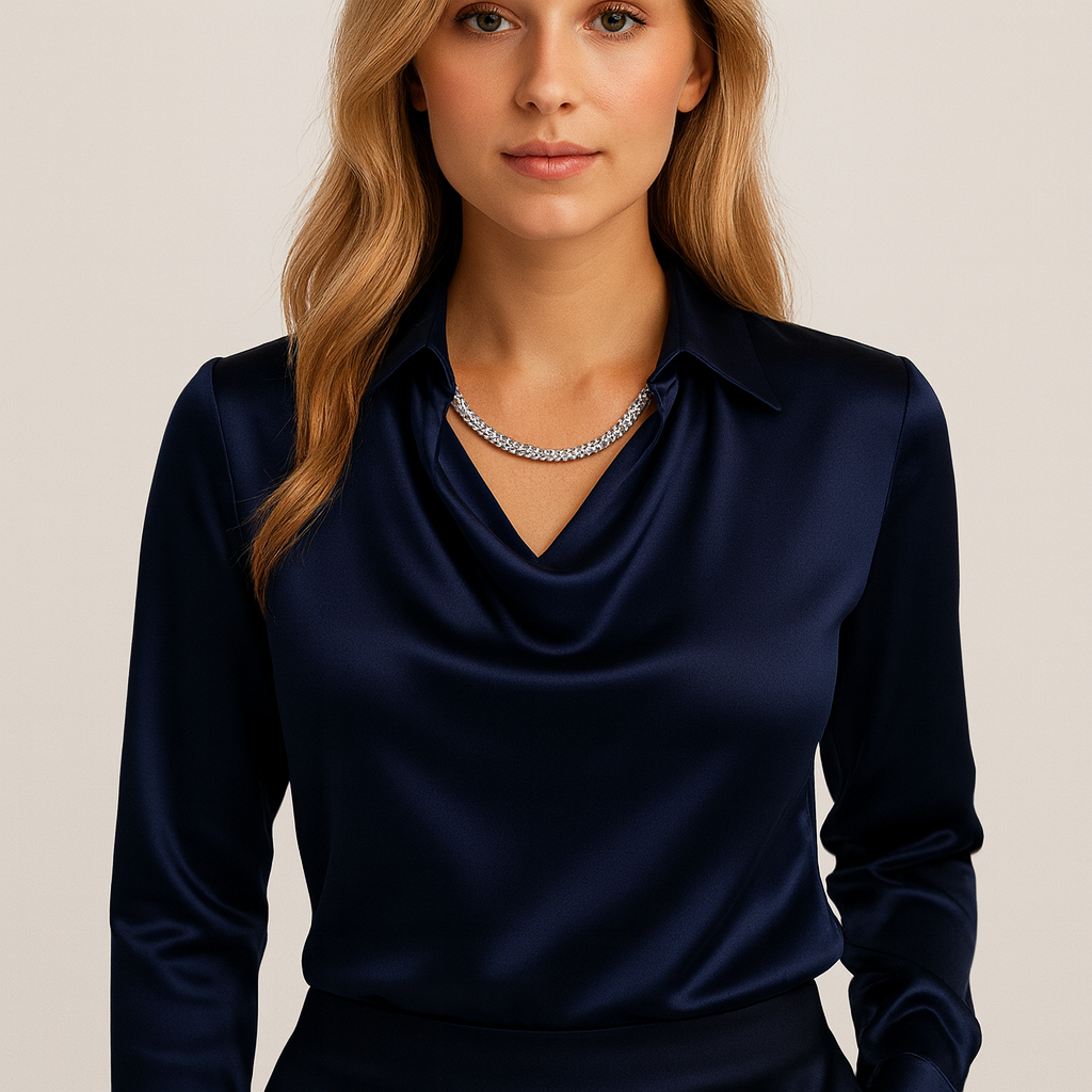 Blouse met watervalhals donkerblauw satijn vooraanzicht