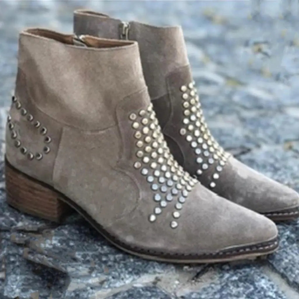 Botines de mujer con tachuelas, punta afilada y tacón grueso: unos botines cómodos con cremallera lateral para un estilo versátil en el día a día