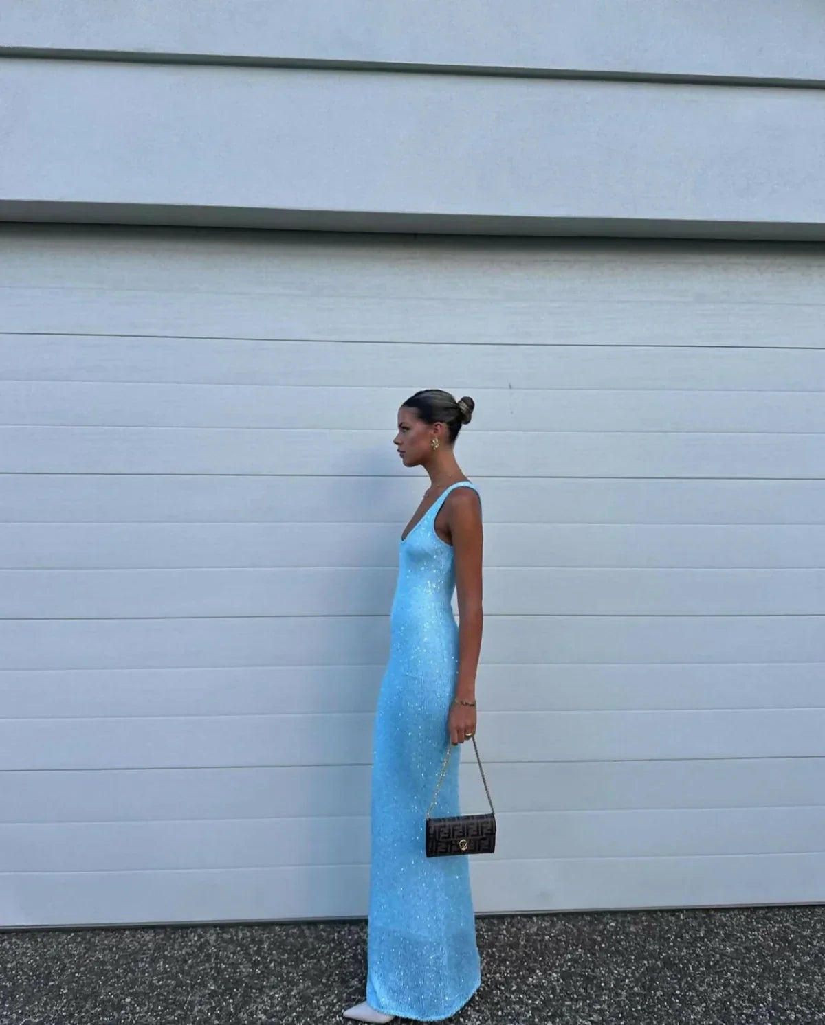 Vestido largo de lentejuelas | Vestido de noche de gala con escote redondo y microlentejuelas | Vestido de fiesta de mezcla de algodón totalmente forrado