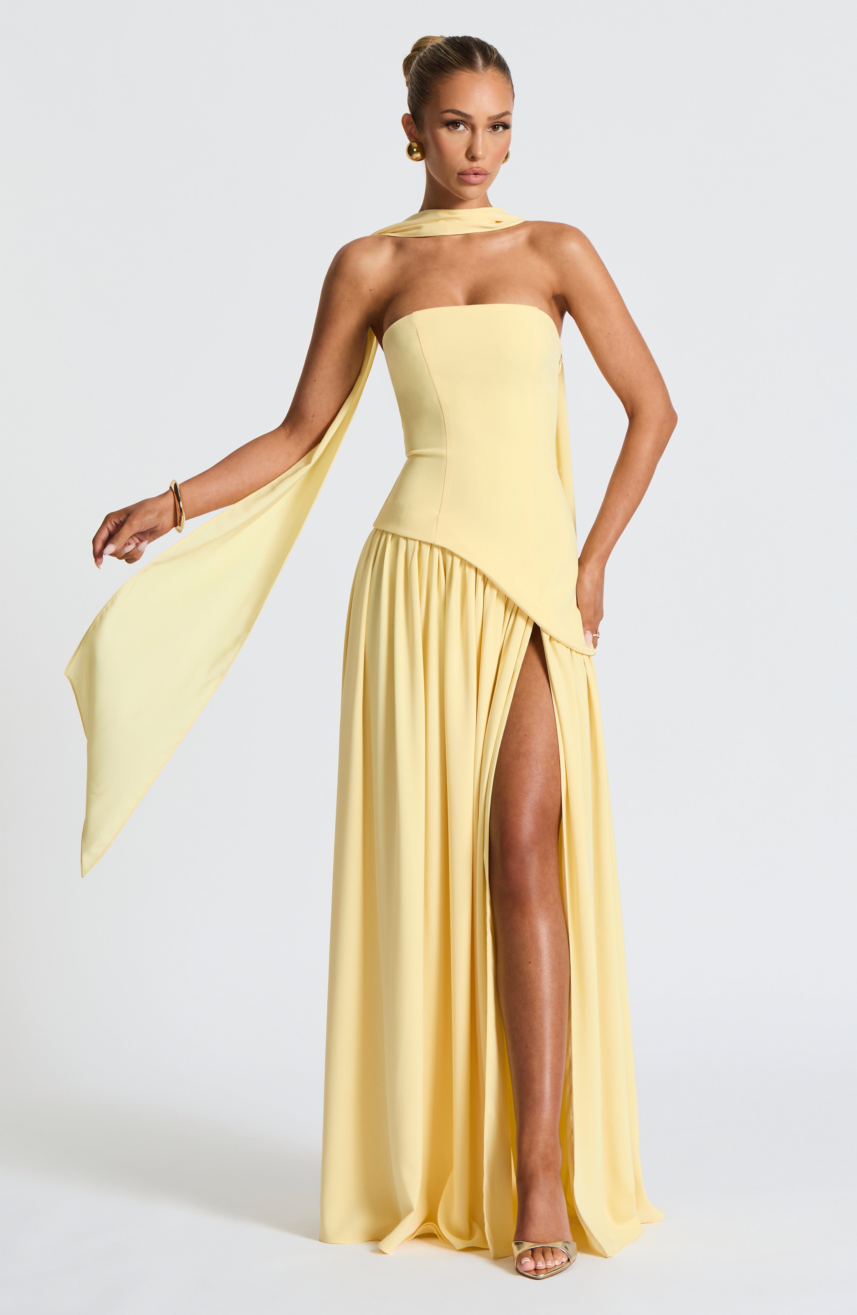 Women's Maxi Dress with Bandeau Top and Asymmetric Slit | Strapless Evening Gown with Scarf Detail and Fluid Drape