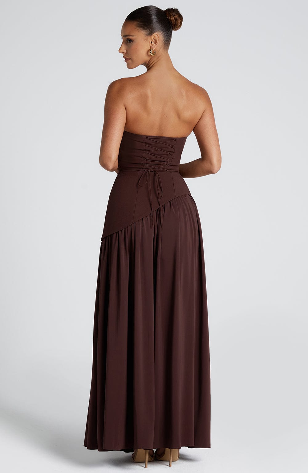 Women's Maxi Dress with Bandeau Top and Asymmetric Slit | Strapless Evening Gown with Scarf Detail and Fluid Drape