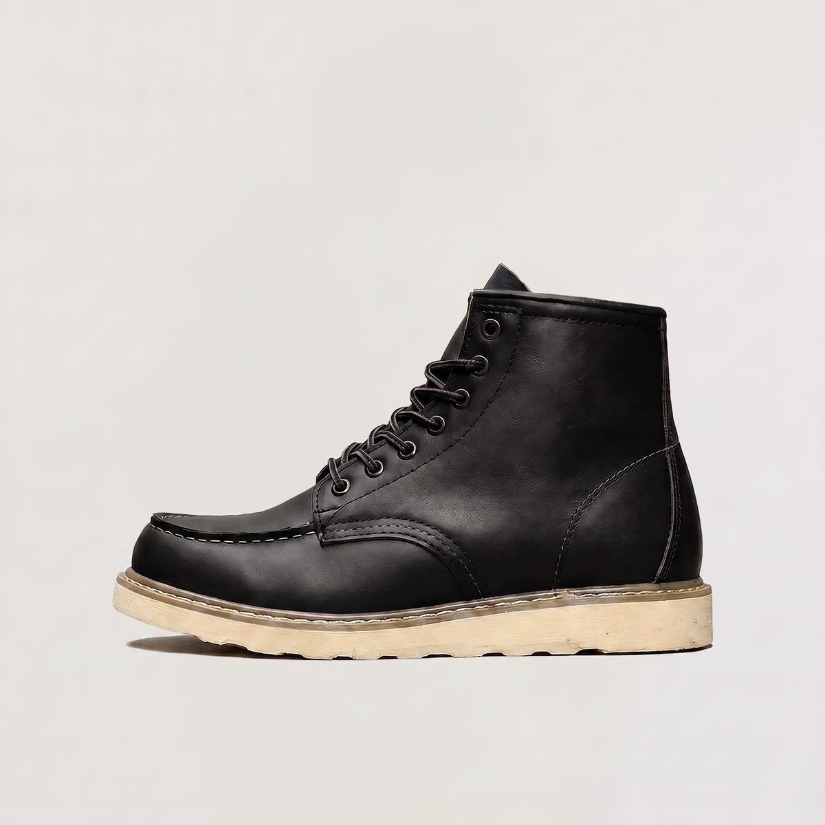 Men's Moc Toe Ankle Boots | Lace-Up Synthetic Leather Work Boots with Rubber Sole | Casual Everyday Walking Boots
