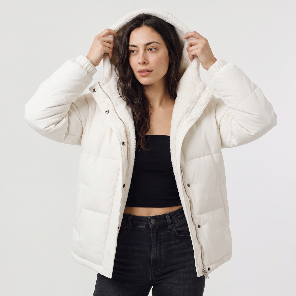 Women's Sherpa Lined Puffer Jacket - Hooded Quilted Winter Coat with Relaxed Fit and Full Zip Fastening for Everyday Warmth