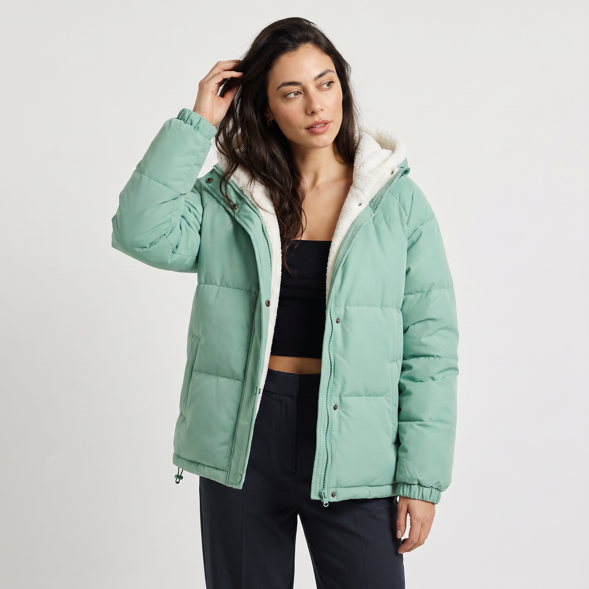 Women's Sherpa Lined Puffer Jacket - Hooded Quilted Winter Coat with Relaxed Fit and Full Zip Fastening for Everyday Warmth