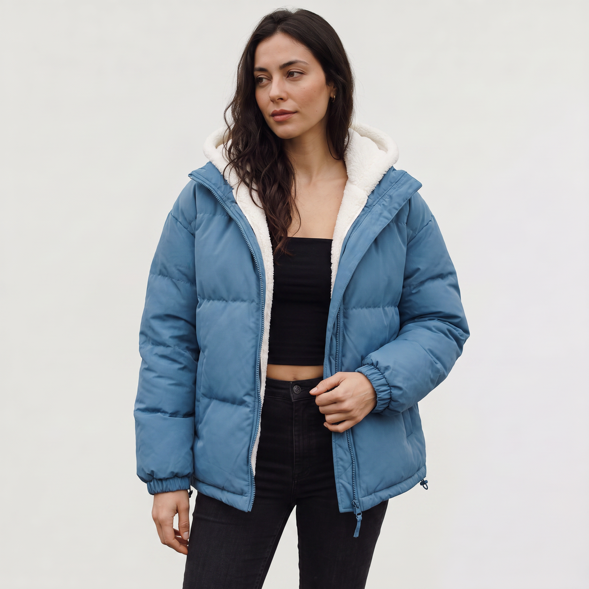 Women's Sherpa Lined Puffer Jacket - Hooded Quilted Winter Coat with Relaxed Fit and Full Zip Fastening for Everyday Warmth
