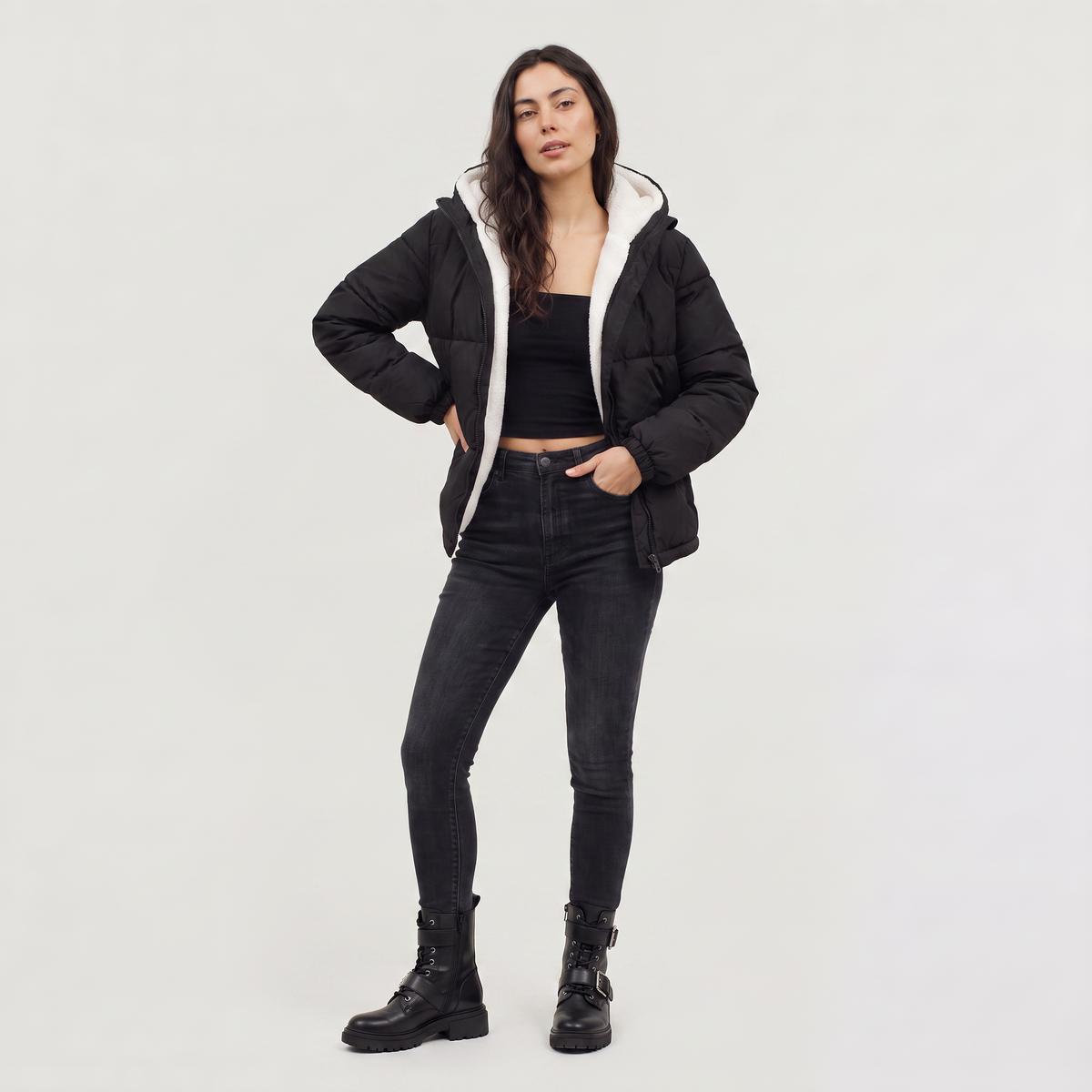Women's Sherpa Lined Puffer Jacket - Hooded Quilted Winter Coat with Relaxed Fit and Full Zip Fastening for Everyday Warmth