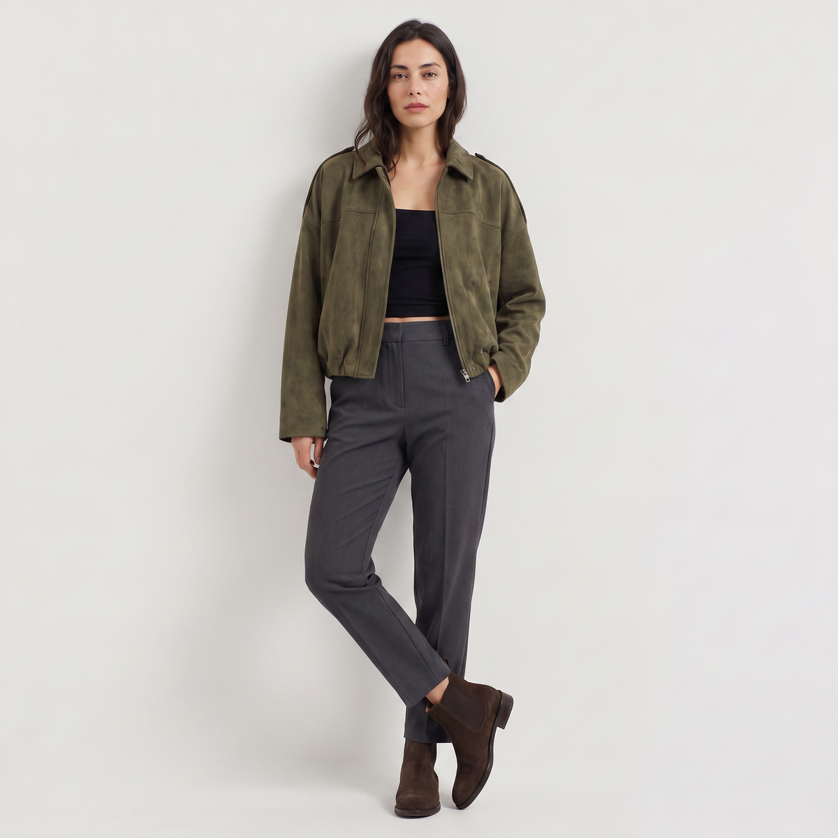 Women's Faux Suede Bomber Jacket | Oversized Collared Lightweight Jacket for Spring and Autumn Everyday Transitional Style