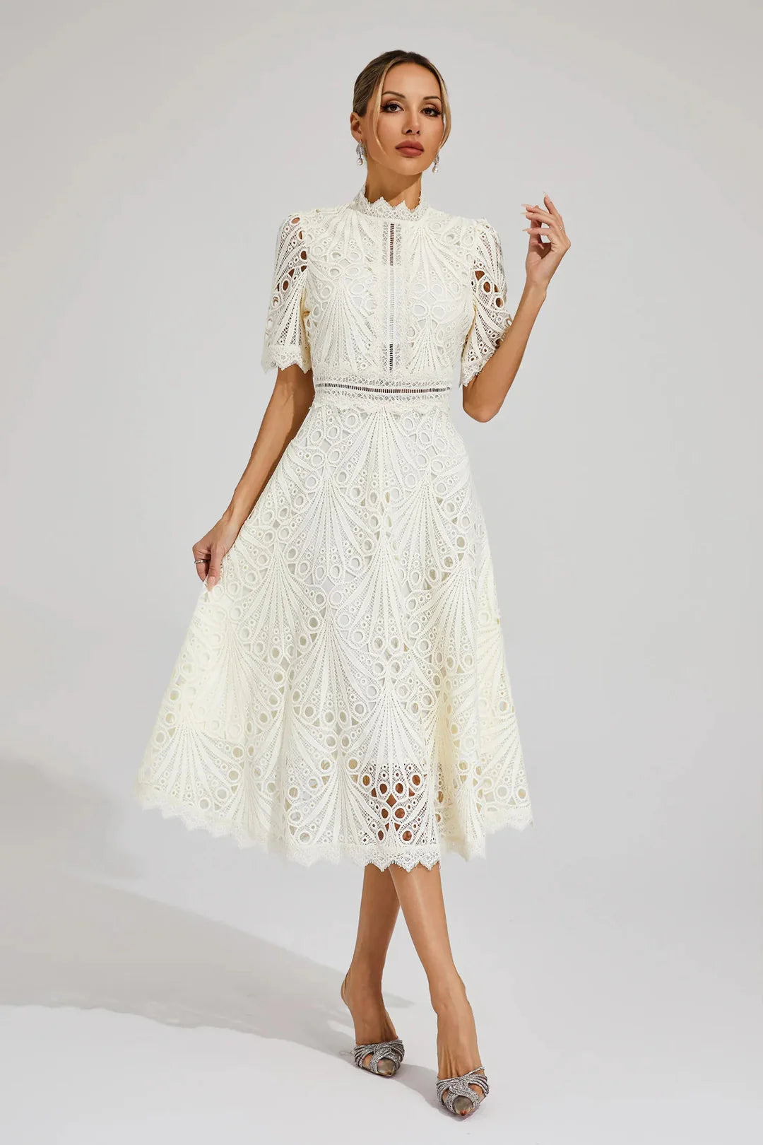 Women’s Lina Guipure Lace High-Neck A-Line Midi Dress