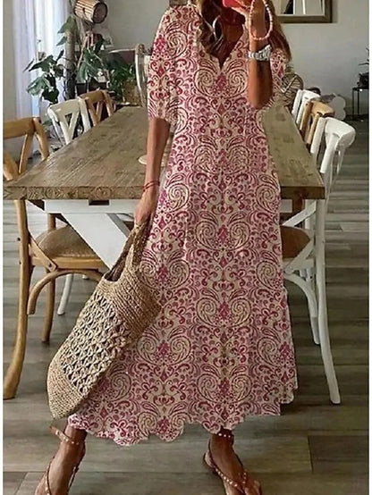 Šaty ve stylu boho v délce midi s výstřihem do V a 3/4 rukávy | Dámské volné vzorované ležérní šaty pro každodenní pohodlí a styl