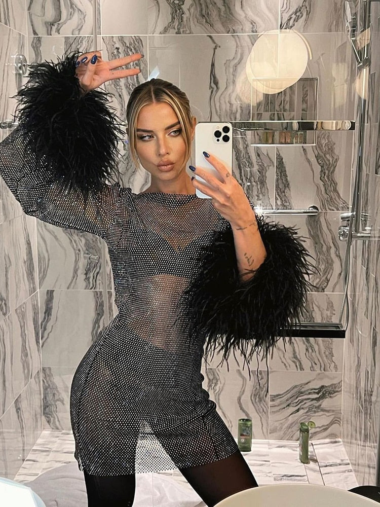 Women's Sparkly Mini Dress | Long Sleeve Party Dress with Feather Cuffs | Slim Fit Shimmer Evening Bodycon Dress
