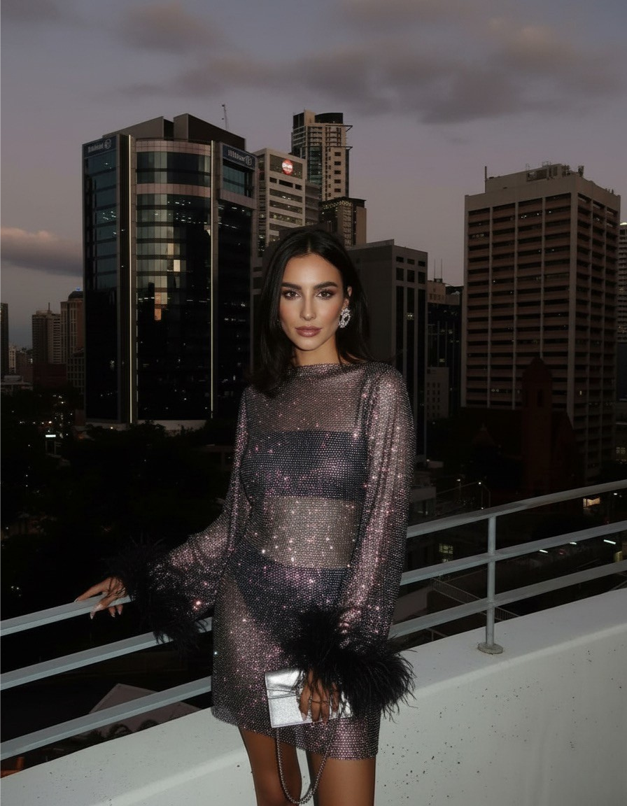 Women's Sparkly Mini Dress | Long Sleeve Party Dress with Feather Cuffs | Slim Fit Shimmer Evening Bodycon Dress