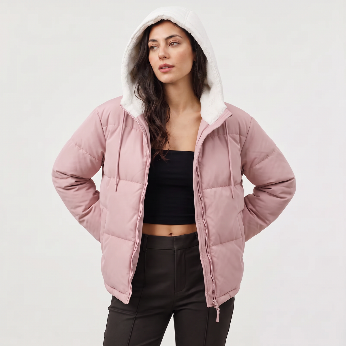 Women's Sherpa Lined Puffer Jacket - Hooded Quilted Winter Coat with Relaxed Fit and Full Zip Fastening for Everyday Warmth