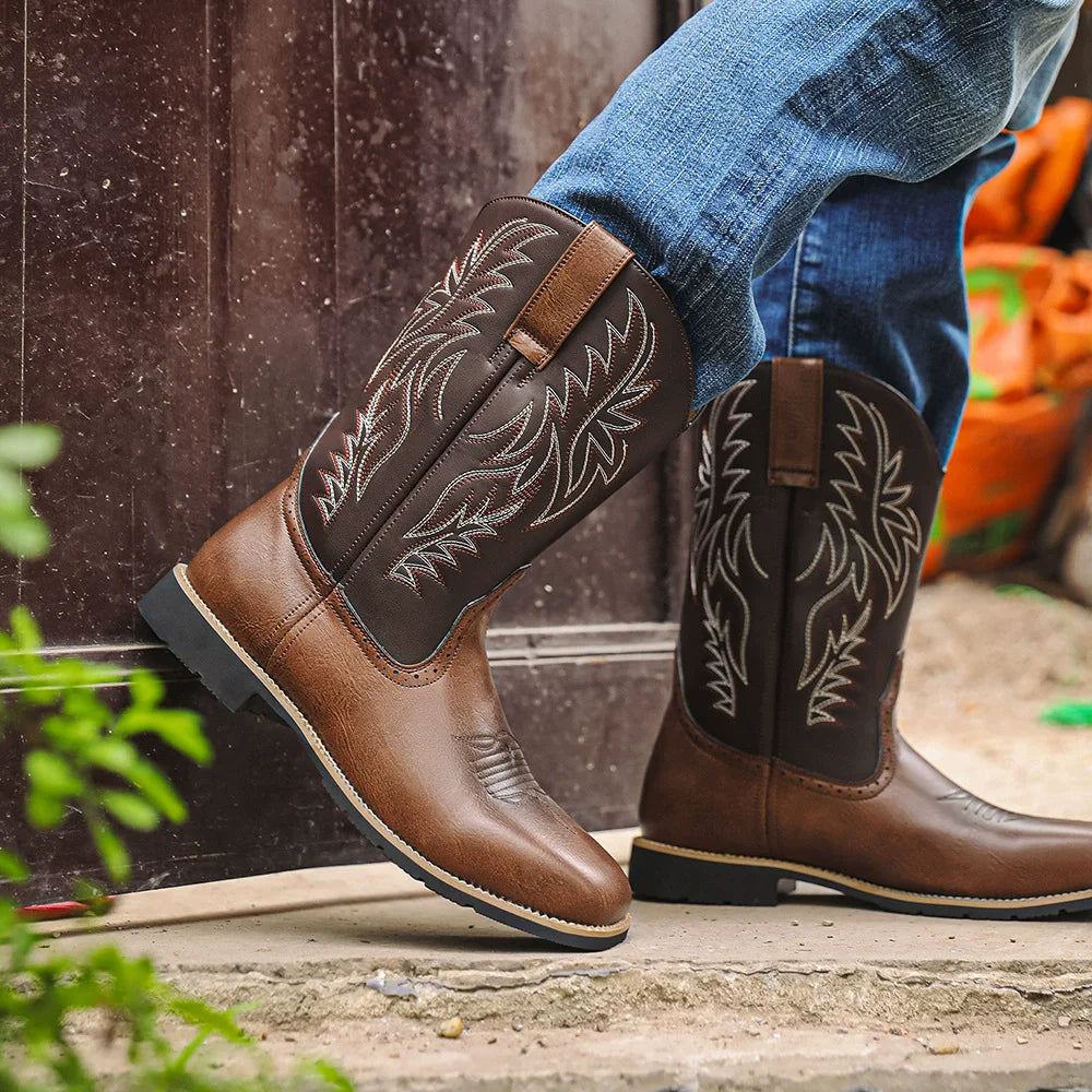 Herren Cowboystiefel Wadenlang Bestickt Leder Quadratische Spitze - Image 2