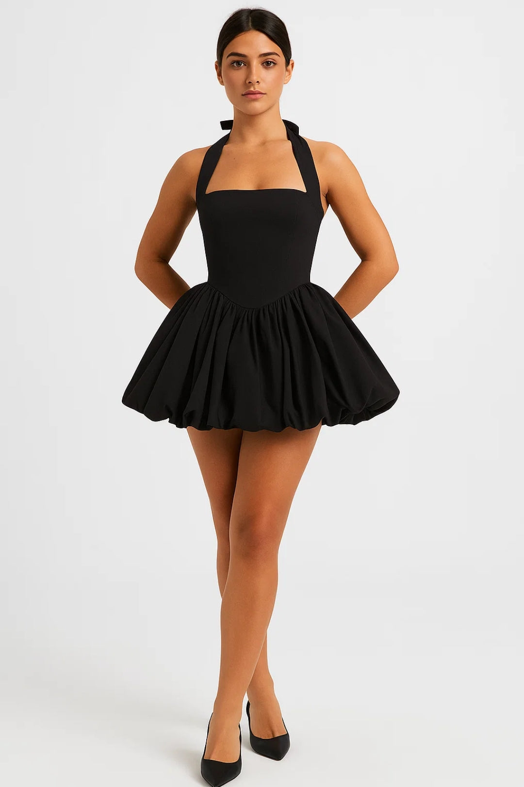 Halterneck Mini Dress with Voluminous Skirt | Vintage Style Party Dress for Women | Fit and Flare Sleeveless Occasion Wear