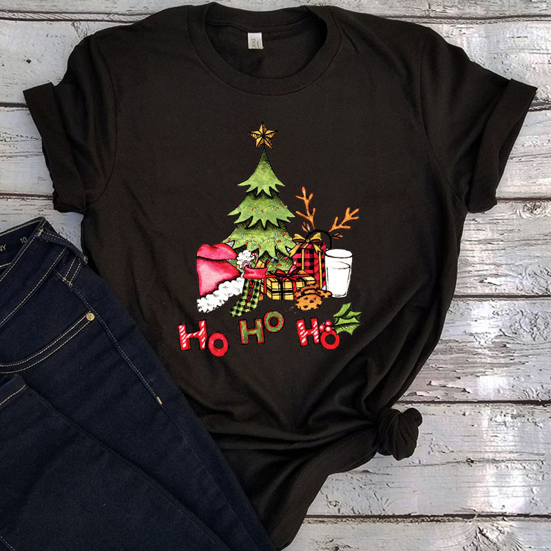 Maglietta da donna con motivo albero di Natale – Maglietta a maniche corte con stampa festiva “Ho Ho Ho”