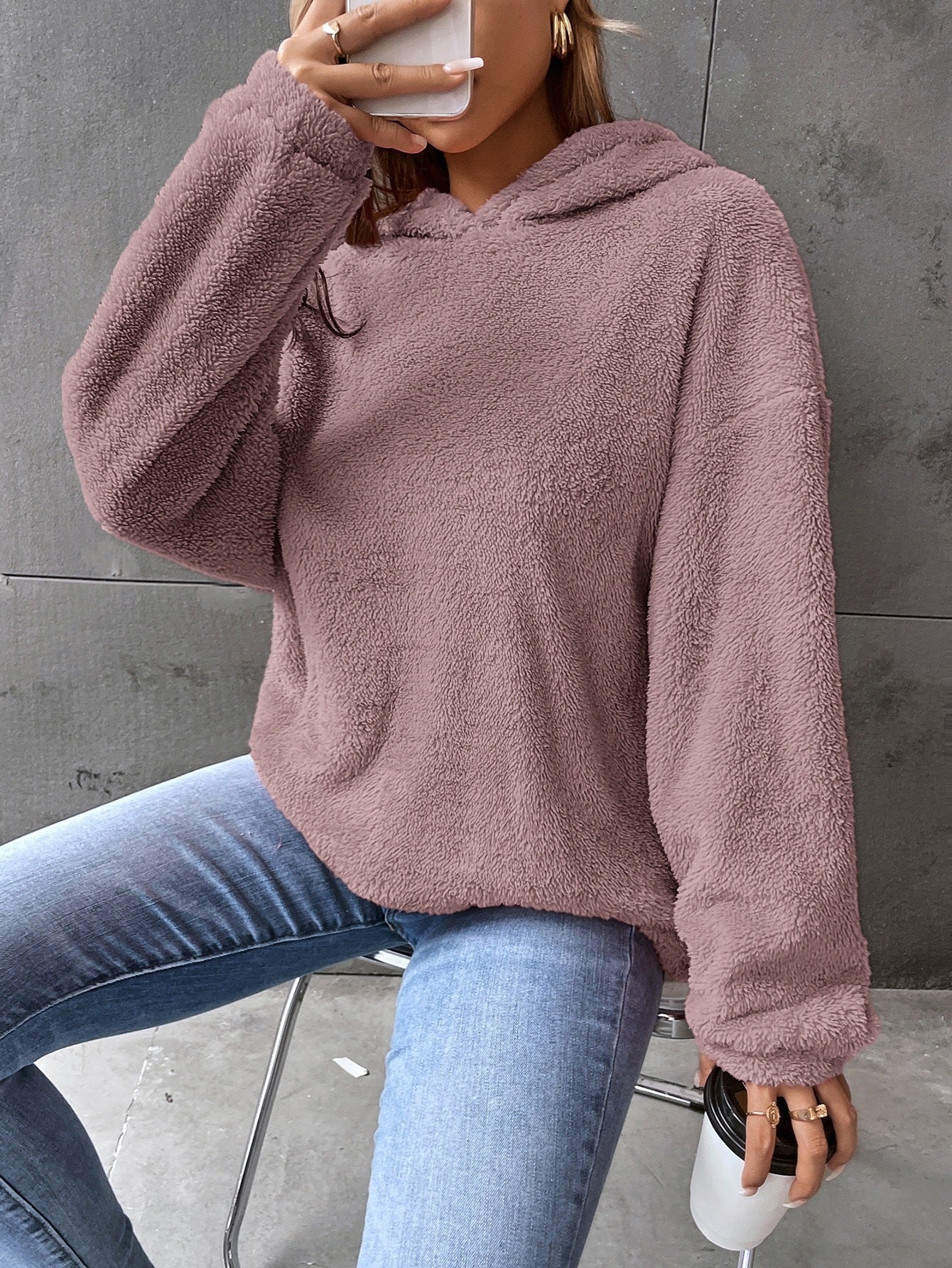 Felpa da donna con cappuccio - Pullover in pile - Modello corto - Vestibilità comoda - Maniche lunghe