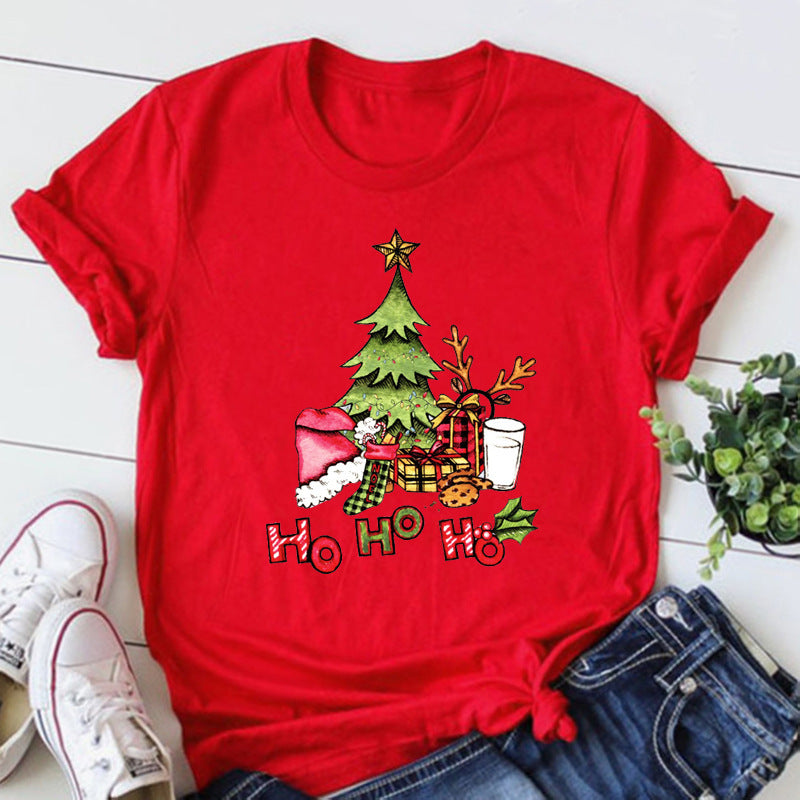 Maglietta da donna con motivo albero di Natale – Maglietta a maniche corte con stampa festiva “Ho Ho Ho”