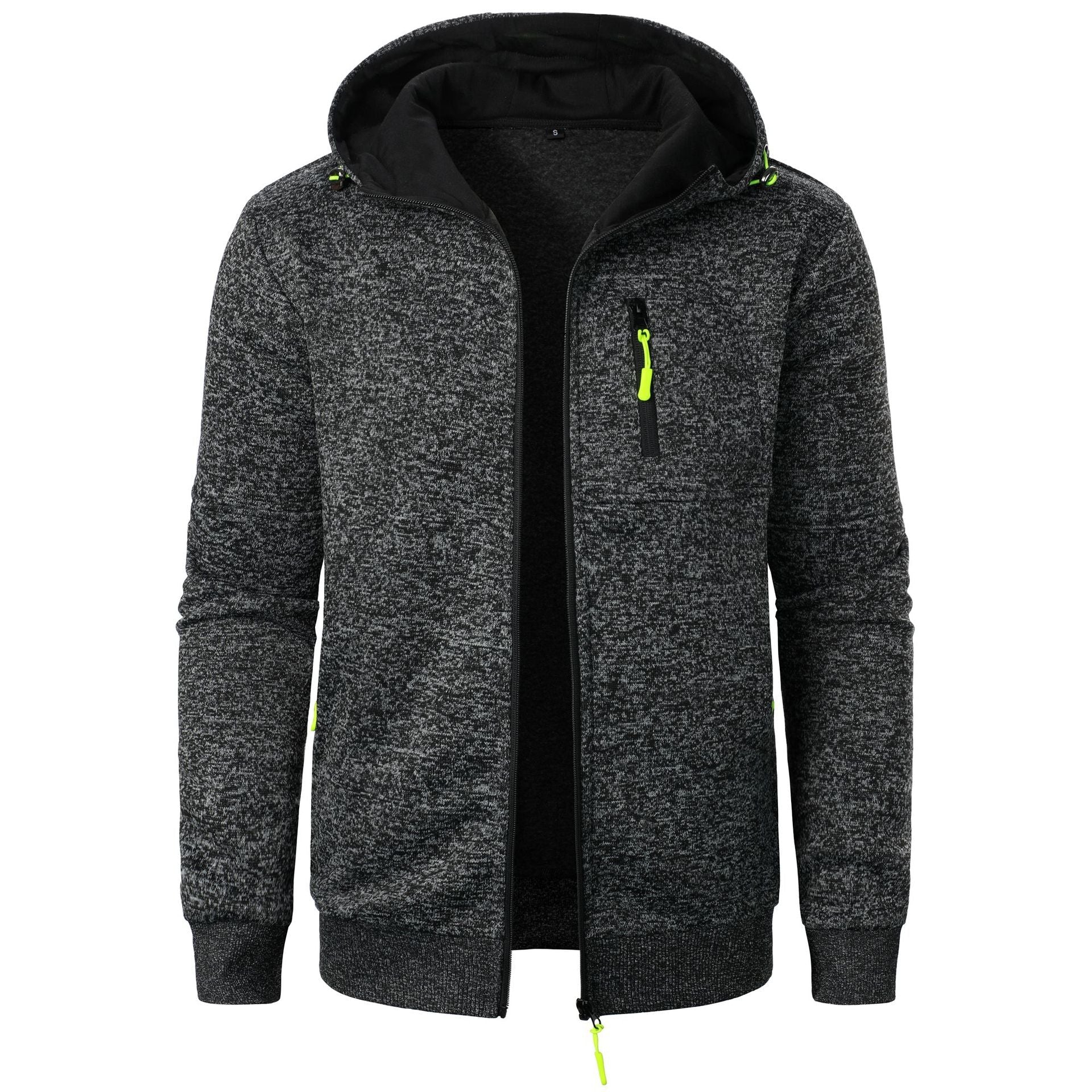 Felpa con cappuccio grigia, zip frontale, dettagli gialli, tasca sul petto, stile casual sportivo, ideale per uomo, tessuto morbido e caldo.