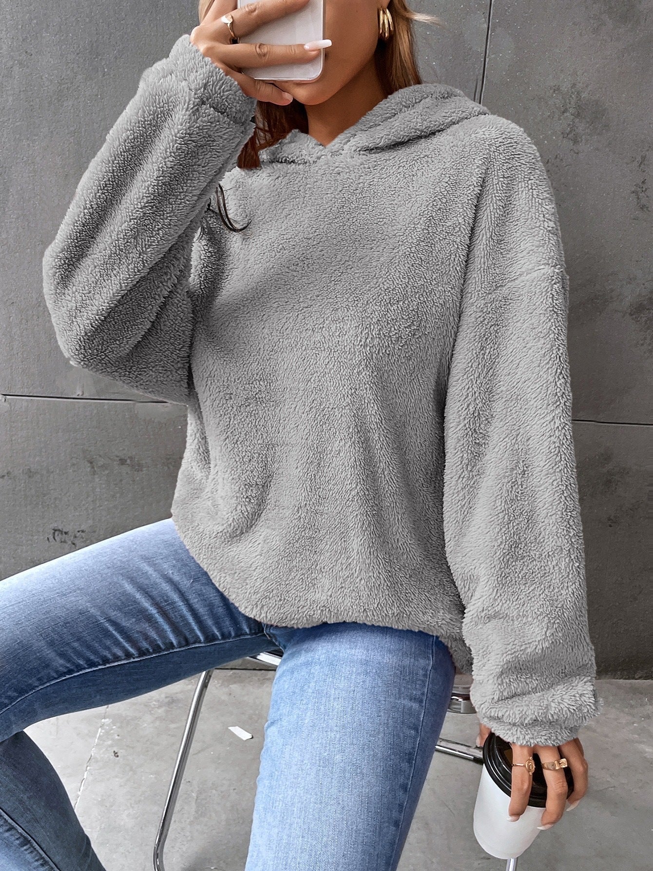 Felpa da donna con cappuccio - Pullover in pile - Modello corto - Vestibilità comoda - Maniche lunghe