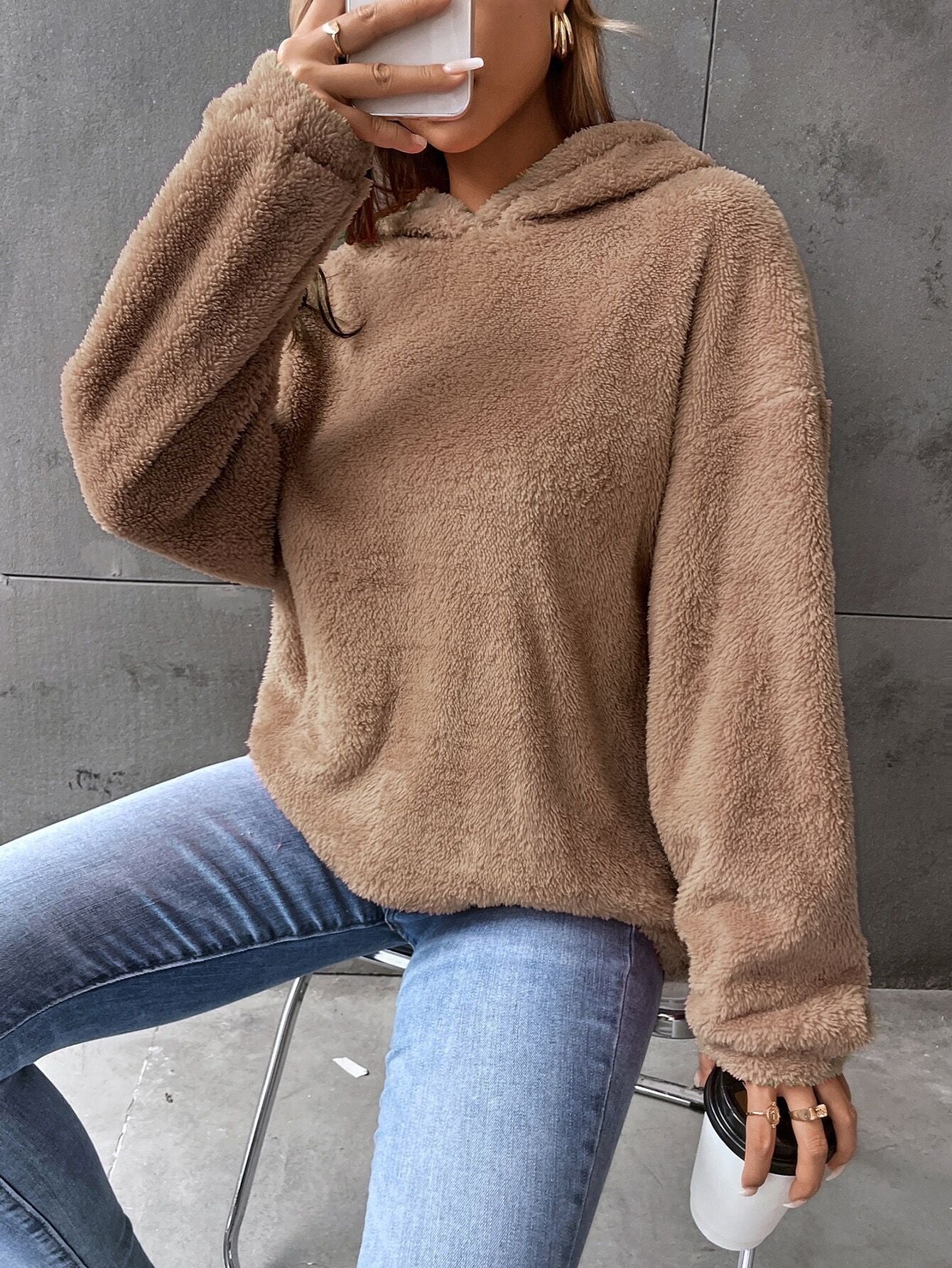 Felpa da donna con cappuccio - Pullover in pile - Modello corto - Vestibilità comoda - Maniche lunghe