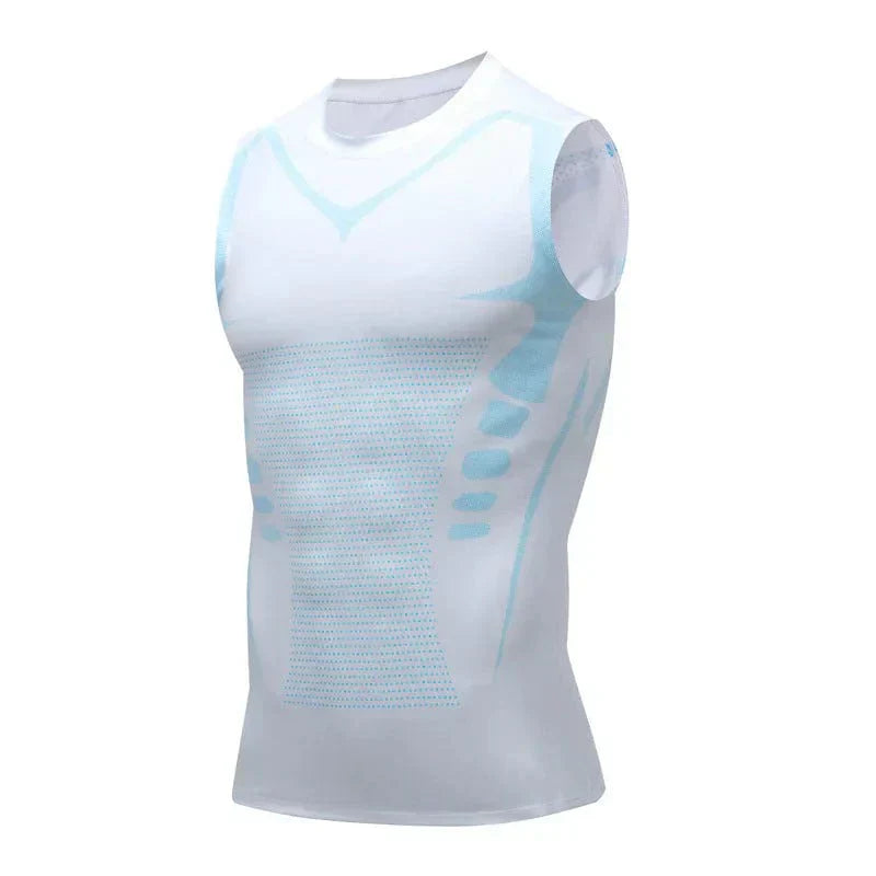 Canotta sportiva bianca senza maniche, design traspirante con dettagli azzurri, ideale per allenamento e fitness. Abbigliamento tecnico uomo.
