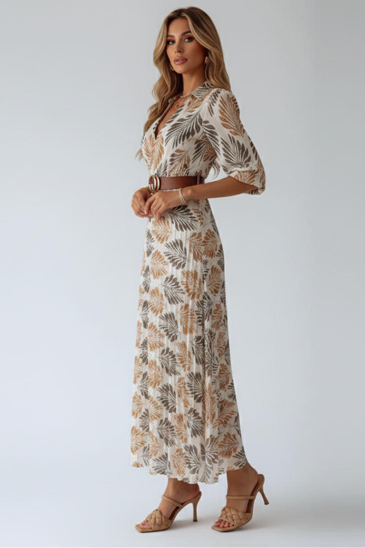 Women's Maxi Dress with Elbow Length Sleeves | Loose Fit Patterned Print Ankle Length Summer Dress for Daytime Gatherings