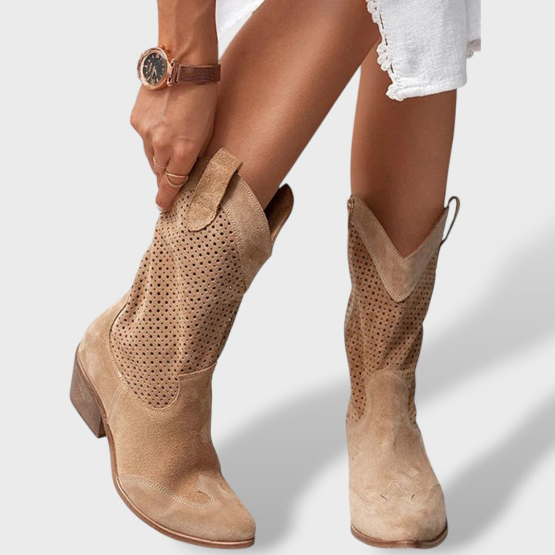 Women's Orthopedic Cowboy Boots with Perforated Shaft and Block Heel | Comfortable Breathable Western Boots with Side Zip
