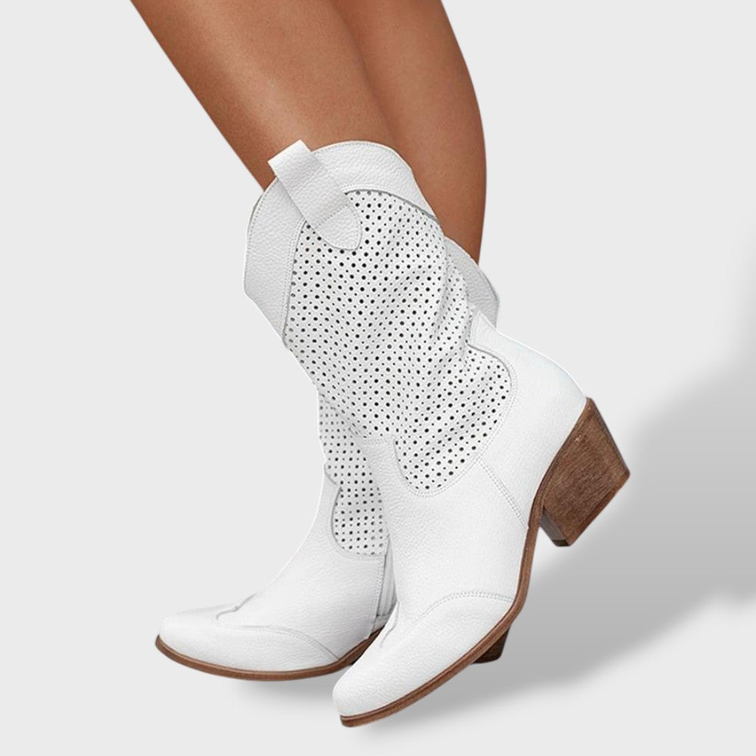 Botas vaqueras ortopédicas para mujer | Botines western perforados con tacón grueso y plantilla anatómica cómoda