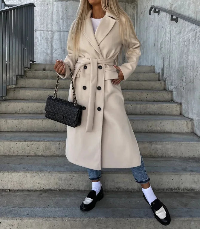 Stylish women's winter coat, long, double-sided, with belt - perfect for fall/winter