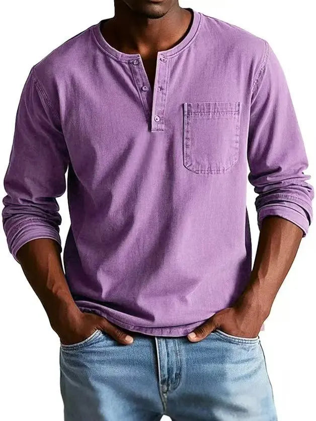 Cămașă Henley cu mâneci lungi pentru bărbați | Bluză casual din amestec de bumbac cu finisaj vintage spălat, cu buzunar la piept și croială lejeră, cu guler cu nasturi