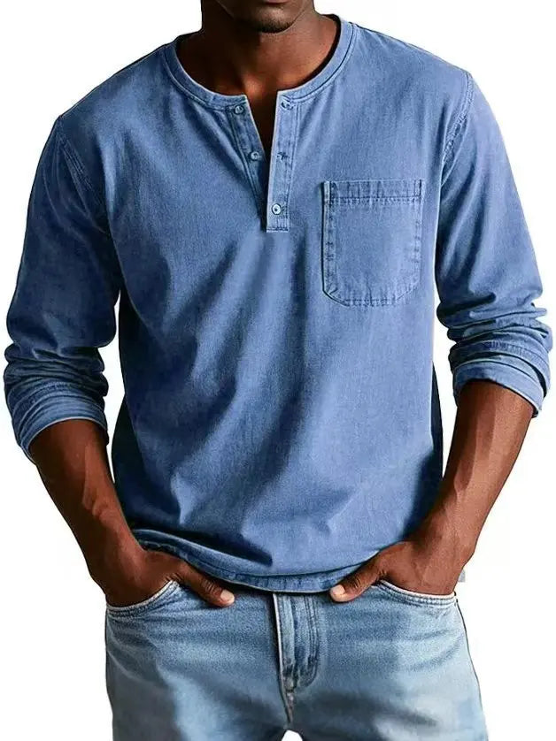 Cămașă Henley cu mâneci lungi pentru bărbați | Bluză casual din amestec de bumbac cu finisaj vintage spălat, cu buzunar la piept și croială lejeră, cu guler cu nasturi