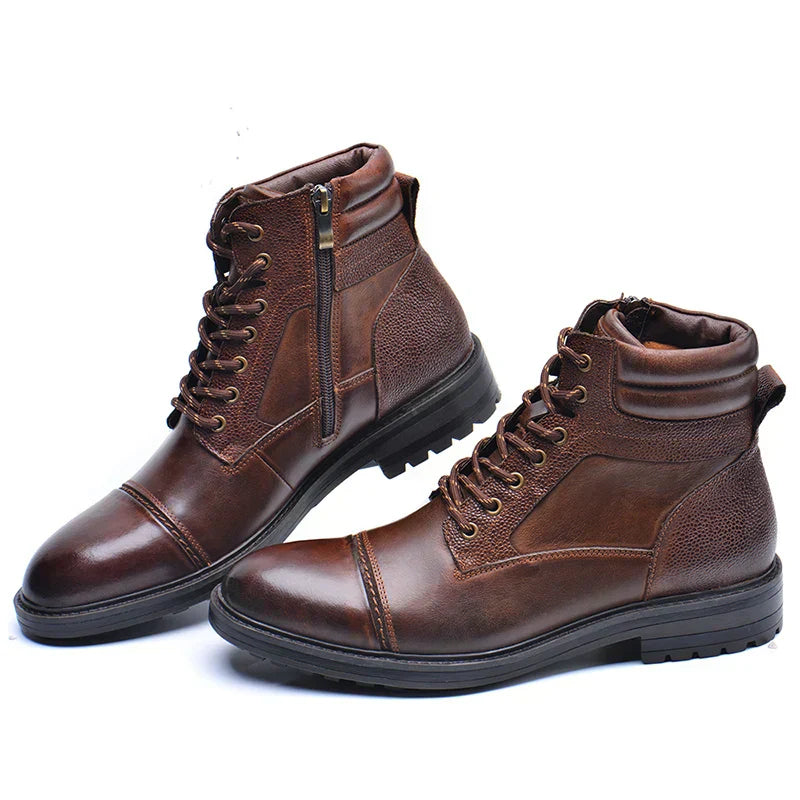 Męskie buty z prawdziwej skóry z bocznym zamkiem i sznurowadłami | Wytrzymałe buty outdoorowe w stylu roboczym, idealne do codziennego noszenia